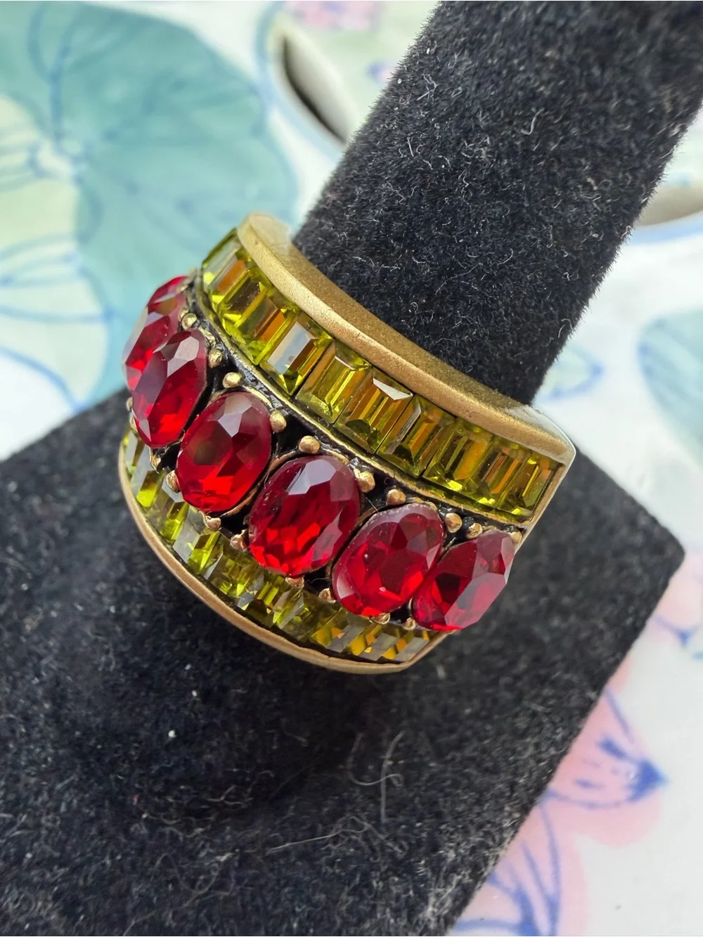 Heidi Daus Red and Olive Green Crystal Statement Ring *Size 9.75 & 7 available